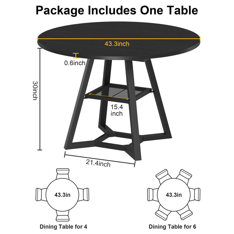 43 Inch Round Dining Table For 4, Kitchen Tables Circle Dinner Table With Metal Pedestal Base & Storage Shelf, Industrial Dining Room Table, Space Saving Wooden Table For Small Kitchen, Living Room, Black