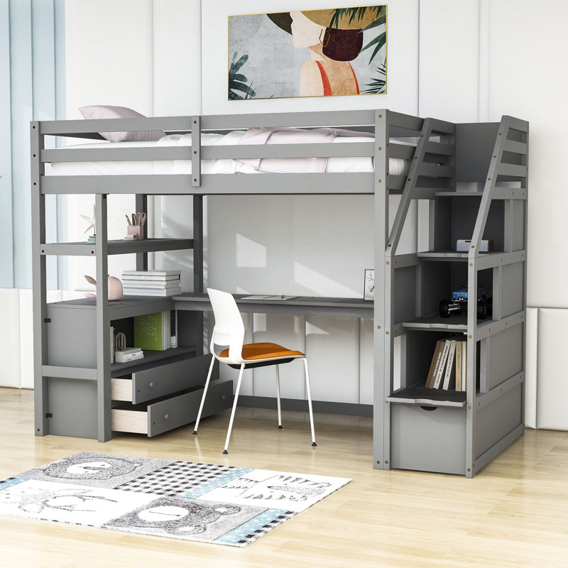 Kids Loft Bed with Drawers, Gray, Twin