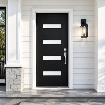 36" x 80" Black Fiberglass Front Entry Door Kit with 4-Lite Frosted Glass and Brickmould, Knock-Down