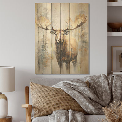 Portrait d'orignal beige et doré I - Art sur bois de pin naturel
