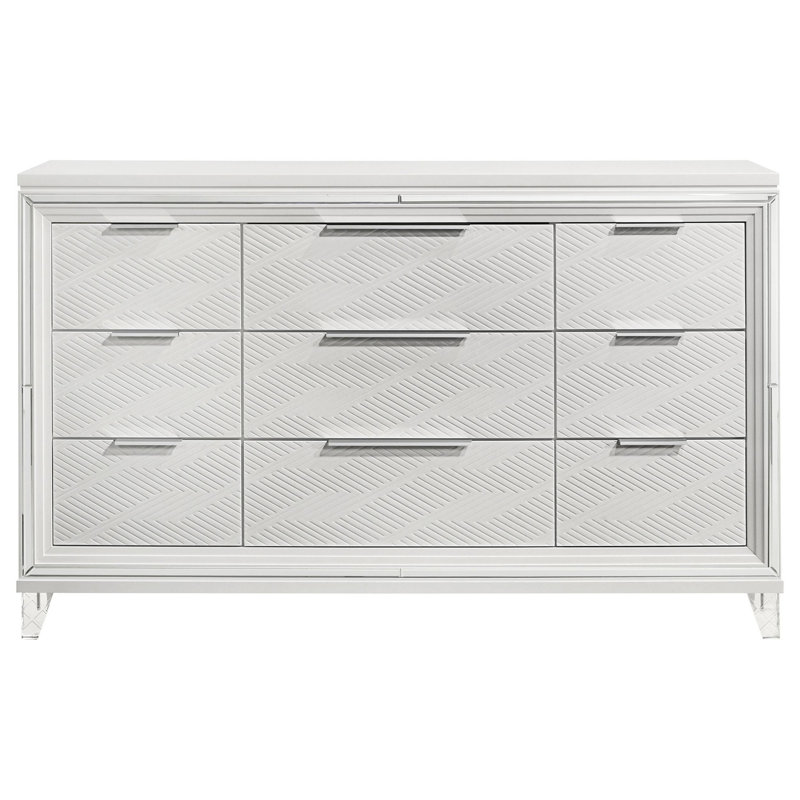 Commode large Mory, 9 tiroirs, motif à chevrons en relief, blanc