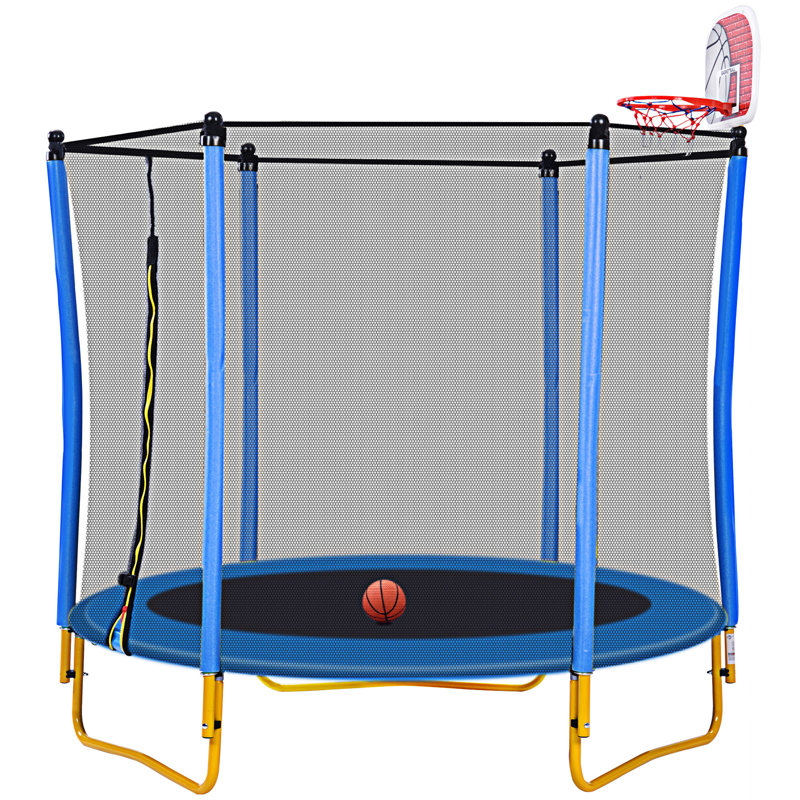 65'' Blue Kids' Trampoline with Enclosure and Basketball Hoop
