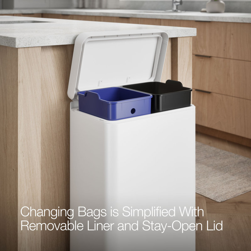 Reset 11 Gallon Dual Compartment Kitchen Trash Can, Stainless Steel Step Trash Can, White/Stainless Steel