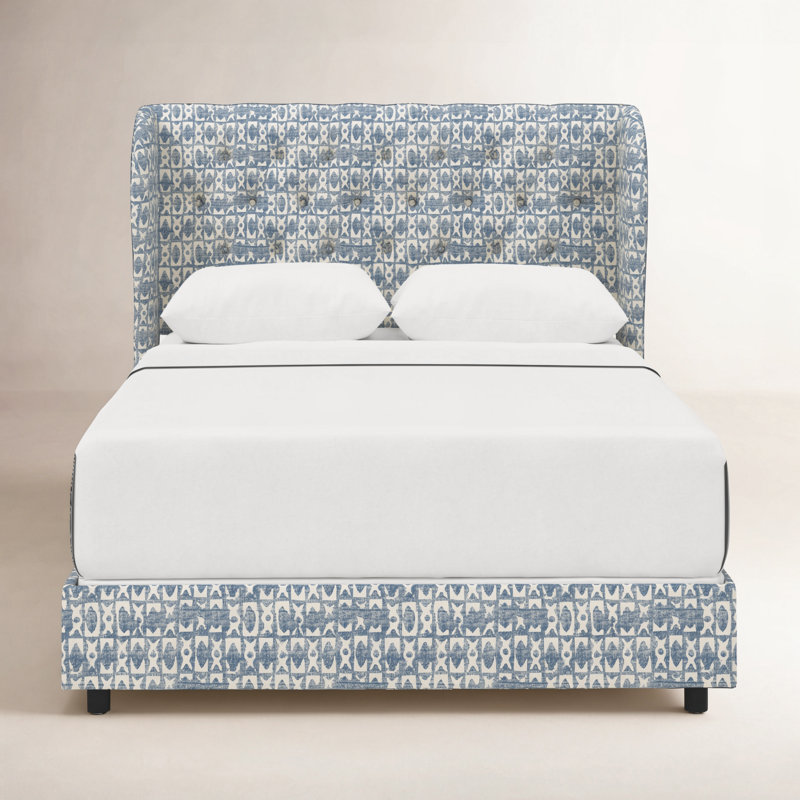 Tomey Upholstered Wingback Bed, Full, Texture Block Blue