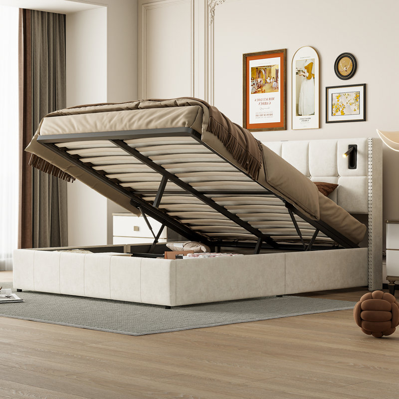 Upholstered Ottoman Storage Bed, Beige, European Double (140 x 200 cm)