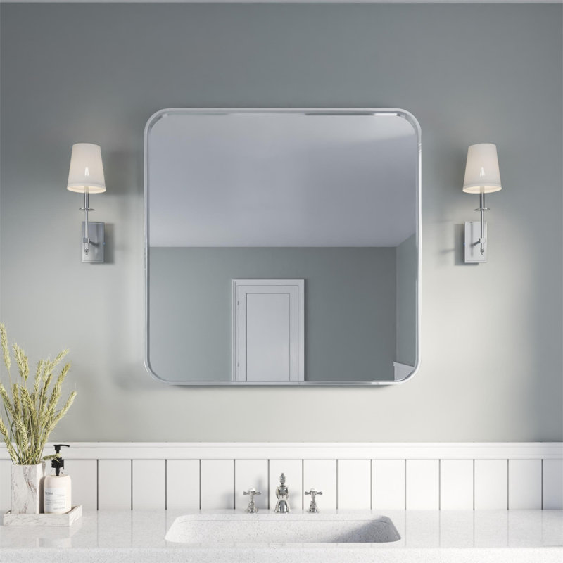 Élégant miroir encadré en aluminium avec coin arrondi pour une décoration intérieure élégante, 36 po x 36 po, Argent argent