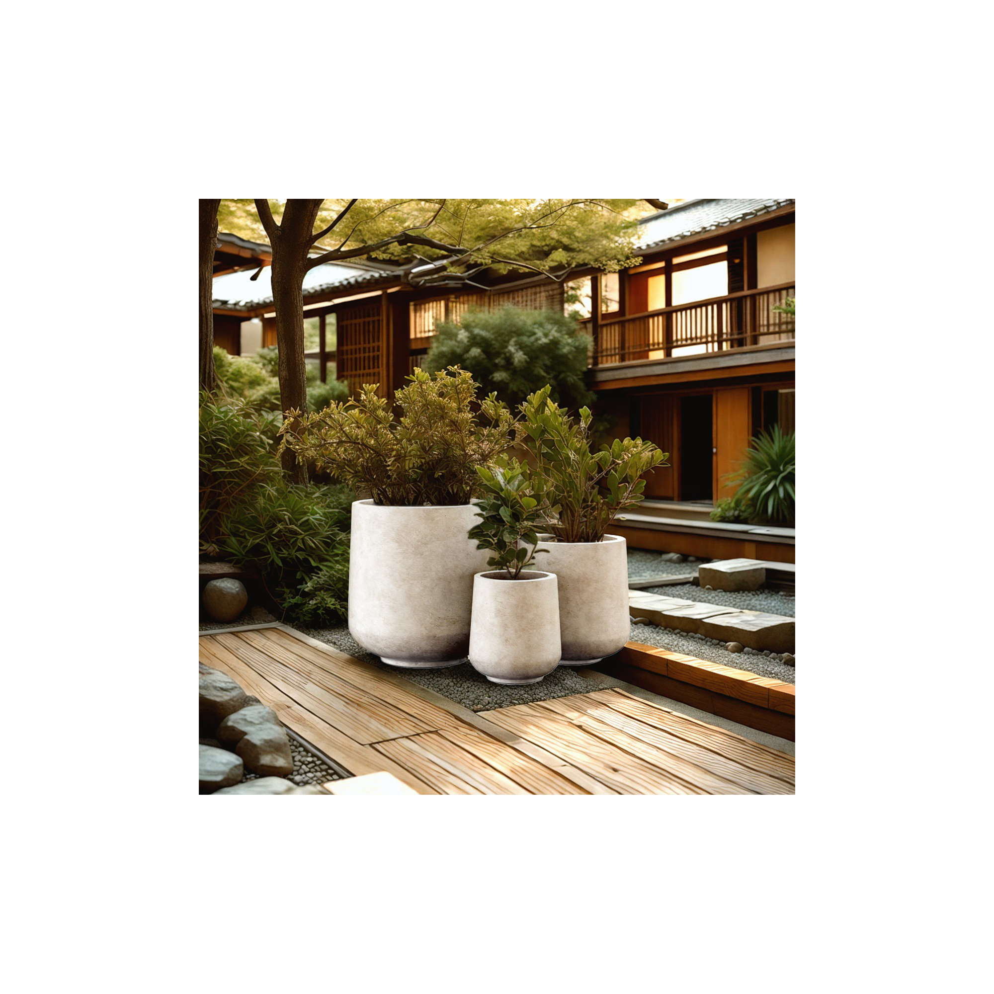 Tali 3 Piece Round Concrete Planter, Outdoor Indoor Large Planter Pots Containers with Drainage Holes for Set, Gray