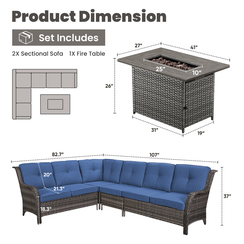 Ensemble de conversation modulaire en osier avec foyer extérieur et coussins Dahlyla pour 6 personnes, Gris