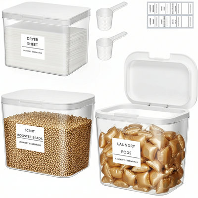 2+1 Laundry Pods Container & Dryer Sheet Holder, Large Powder Detergent Dispenser Storage Jars, Laundry Room Containers For Scent Booster Beads With Pop Up Lids, Labels And Scoop