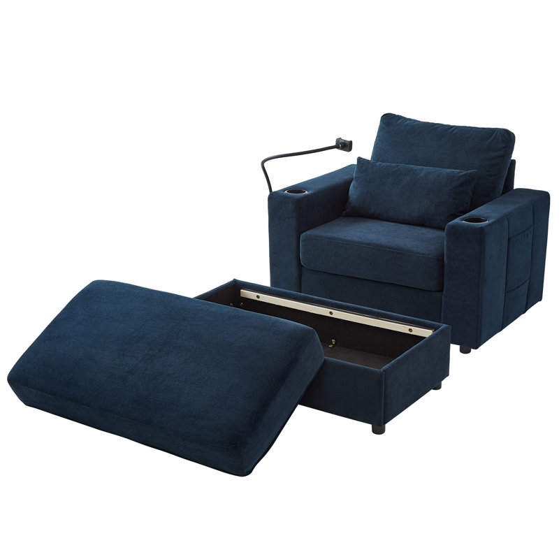 Canapé pour chaise longue de style moderne avec repose-pieds de rangement mobile, deux ports USB, deux porte-gobelets, un support pour téléphone et des poches latérales pour le salon