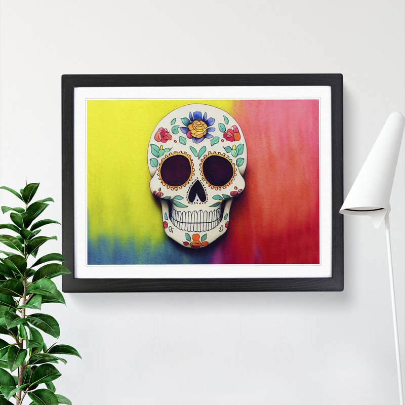 XH1022-360X A Decorated Floral Sugar Skull - Single Picture Frame Print, 25cm H x 34cm W x 2cm D, Black