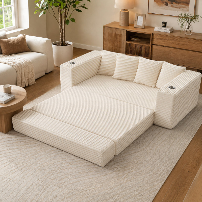Canapé-lit convertible compressible de 77 pouces, conception avant extensible avec poches de rangement et porte-gobelets pour utilisation à domicile