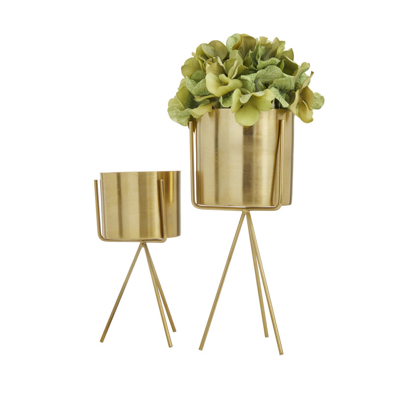 Ensemble de 2 pots de fleurs pour l'intérieur et l'extérieur avec support amovible, Or