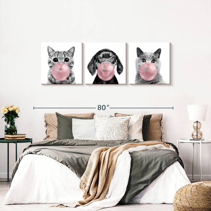 «Funny Animal Bubble Gum», ensemble de 3 reproductions sur toile 3 pièces, H 24 po x l 74 po x P 1,25 po
