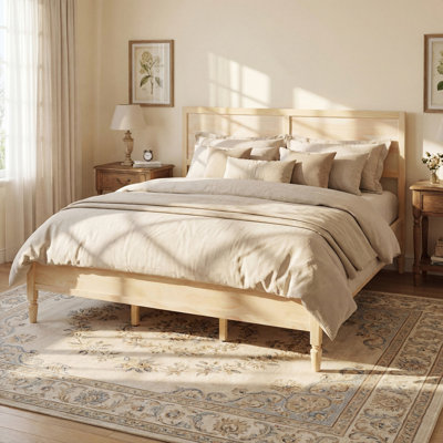 King Size Wood Platform Bed Frame with Classic Panel Headboard, Wooden Slats Support, No Box Spring Needed, Easy Assembly, Natural