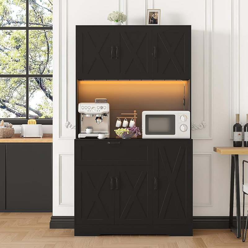 Armoire de cuisine 71 po avec support à micro-ondes, huche de cuisine moderne avec tiroir, tablettes réglables, lumière DEL et prises de courant pour la cuisine, la salle à manger et le salon