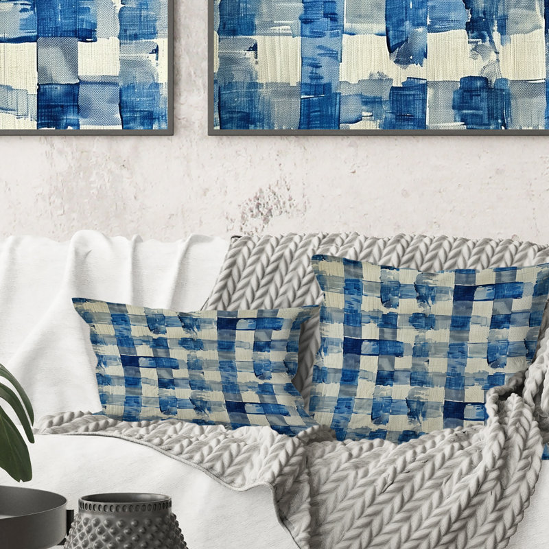 Coussin bleu et beige Mid-Century Gingham IV - Mid-Century, H 18 po x l 18 po