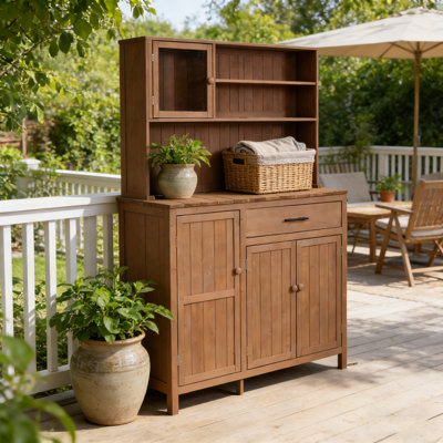 65” H Fir Wood Potting Bench With Hutch, Large Outdoor Garden Workstation With Adjustable Shelves, Spice Rack, Side Hooks & Drawer For Patio Kitchen