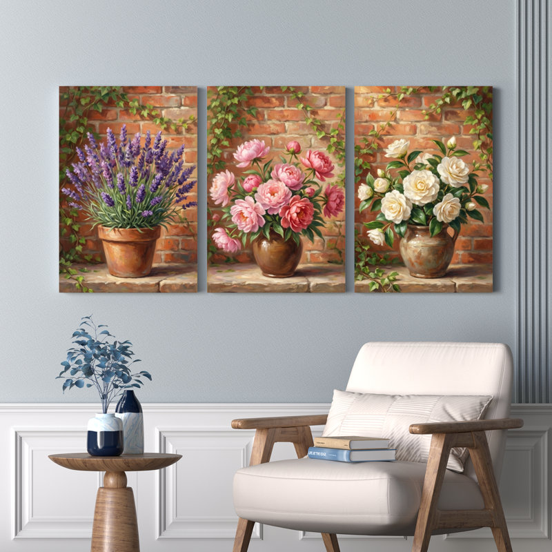 Ensemble de 3 tableaux sur toile tendue représentant un bouquet de roses lavande et de pivoines sur un mur de briques, idéal pour la décoration du salon, de la chambre ou de la maison.