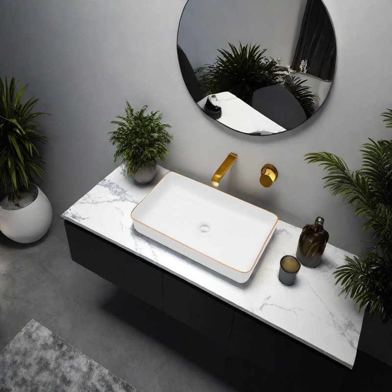 Lavabo de salle de bain rectangulaire en céramique 14 po APRESSHUI, Blanc / doré