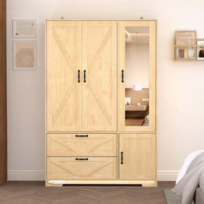 Armoire 4 portes avec miroir et lumière DEL - Armoire de rangement en bois avec tringle et tablettes réglables - Naturel