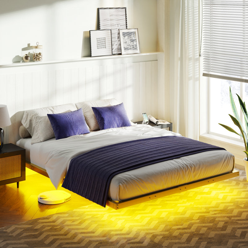  Tryston 9.1'' Floating Metal Queen Bed with LED Lights, Gold, Gold, Queen