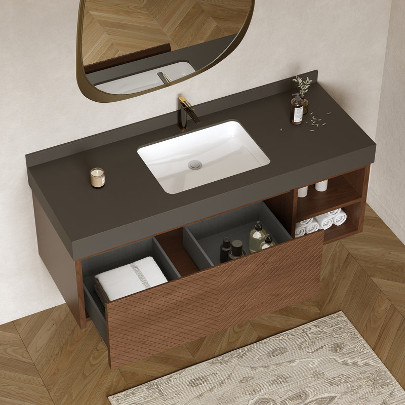 Armoire de salle de bain moderne 48 po avec tiroirs, meuble-lavabo mural en pierre, armoire en bois massif multi-couches, dosseret assorti