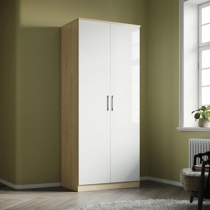 Shelissa 2 Door Manufactured Wood Wardrobe, White/Oak
