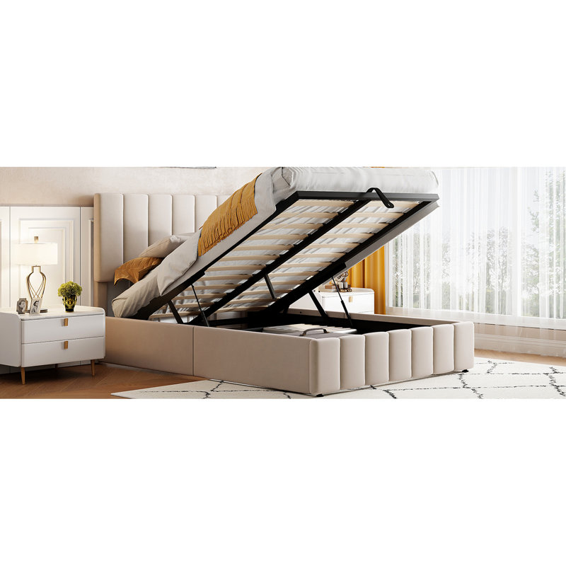Upholstered Platform Bed In Beige With Ample Storage Reliable Hydraulic