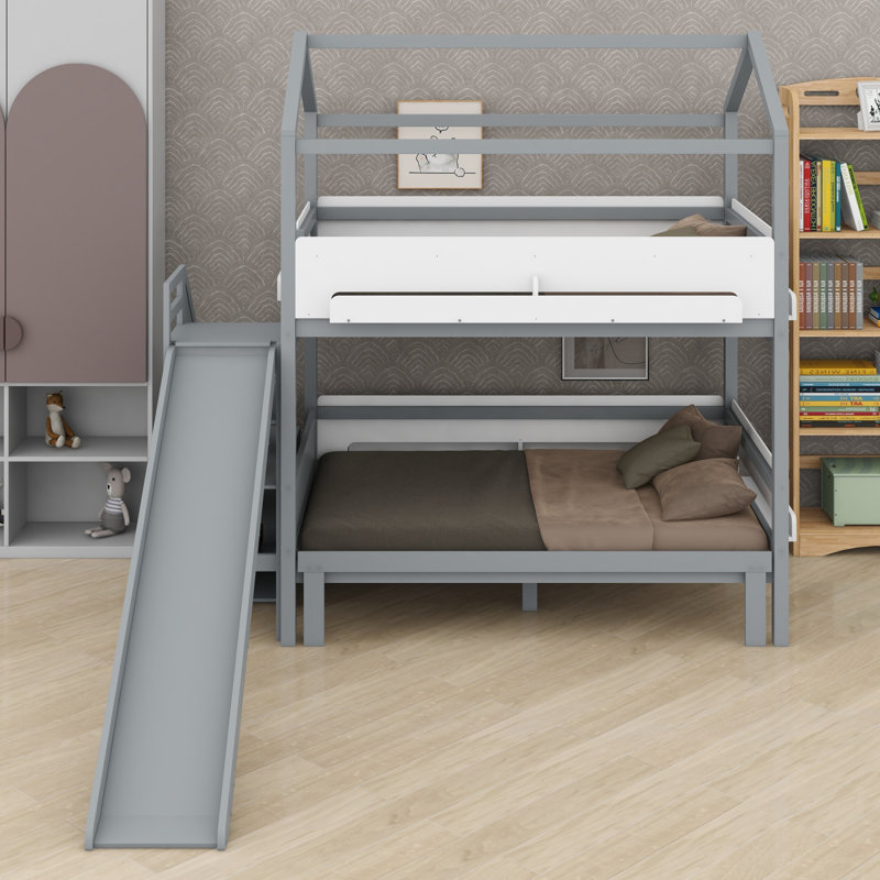 Bunk Bed, House-Shaped with Slide and Storage Staircase, Sturdy Frame, Gray+White