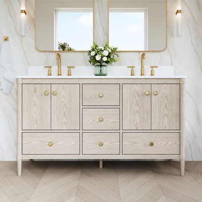 60"W X34''H Solid Wood Bathroom Vanity With Carrera White Quartz Top And Double Sink