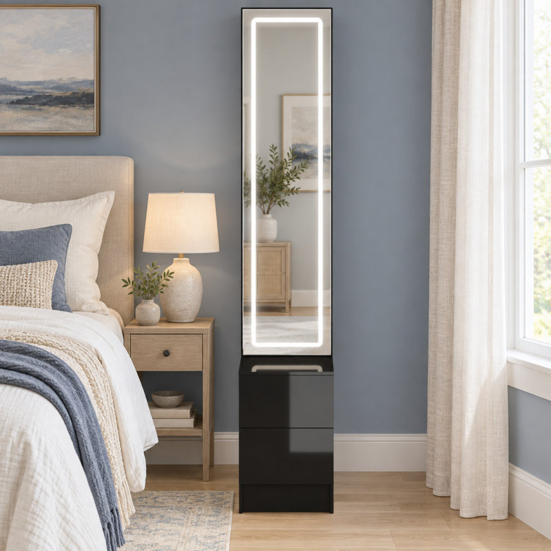 Armoire à miroir 63 po à DEL avec rangement pour coiffeuse et éclairage réglable