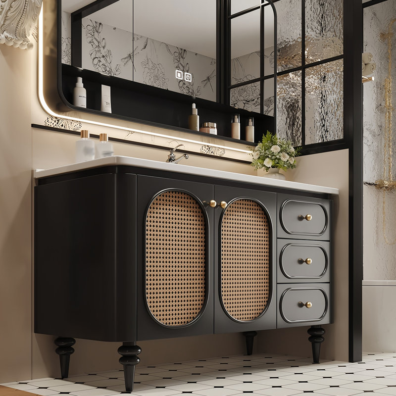 Intelligent French-style rattan bathroom cabinet