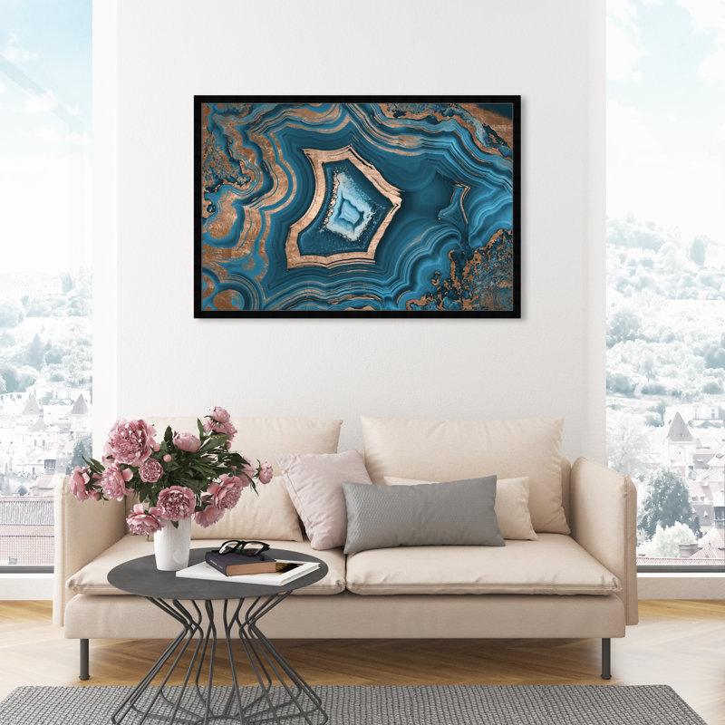 Blue Abstract " Blue Abstract Geode " by Oliver Gal, Black Framed, 32" H x 32" W
