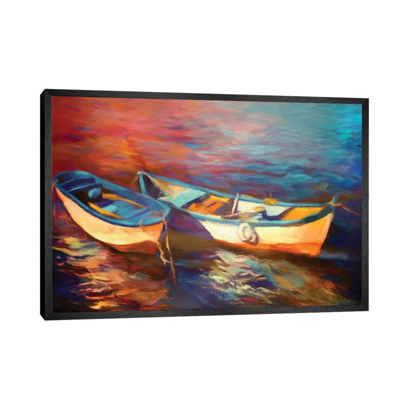 Canoes At Dusk by Angel Estevez - Print on Canvas, Black Framed, 66.04cm H x 101.6cm W x 3.81cm D