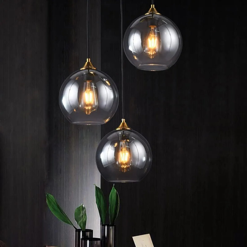 Modern Glass Globe Pendant Ceiling Light with Shiny Gold Fixture – Elegant Lampshade Design
