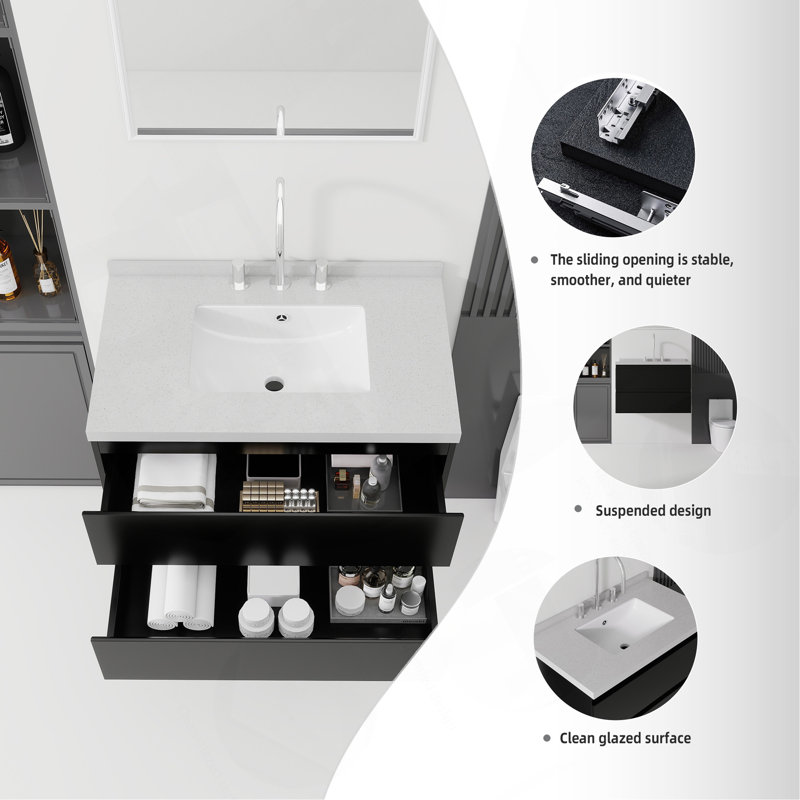 Meuble-lavabo suspendu de 76 cm avec lavabo, tiroir à fermeture amortie, comptoir et dosseret en marbre synthétique blanc granité de 5 cm, contreplaqué