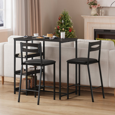 Industrial 3-Piece Dining Table Set, Compact Metal & Grey Wood Table, 2 PU Upholstered Chairs, Storage Shelves