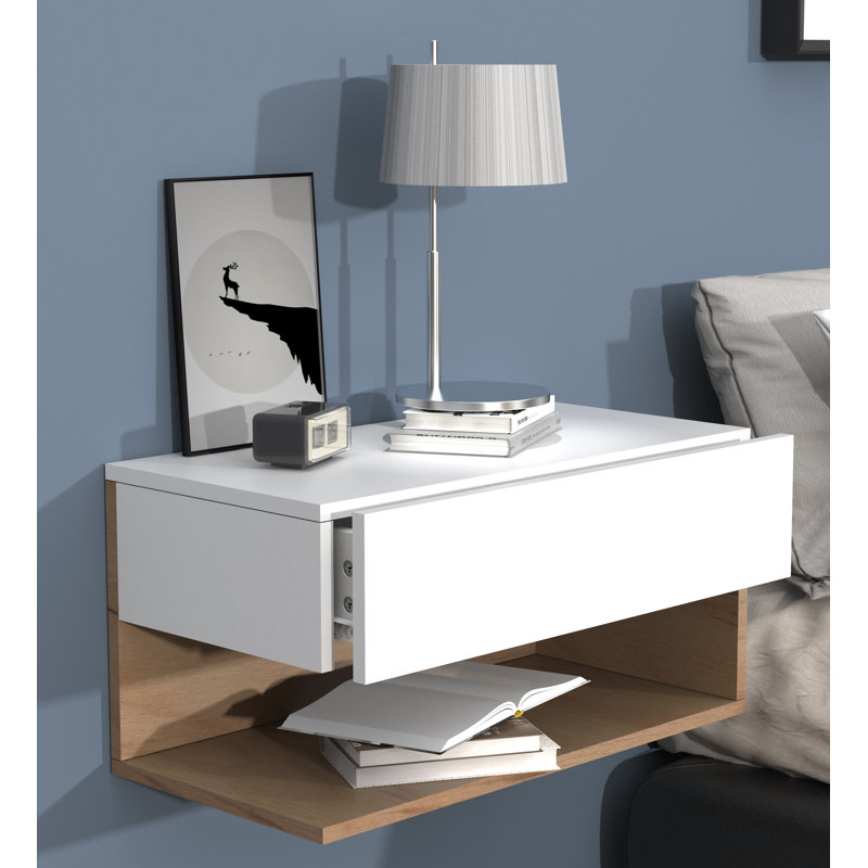 Avan Bedside Table, 30cm H x 60cm W x 32cm D, White/Oak wood