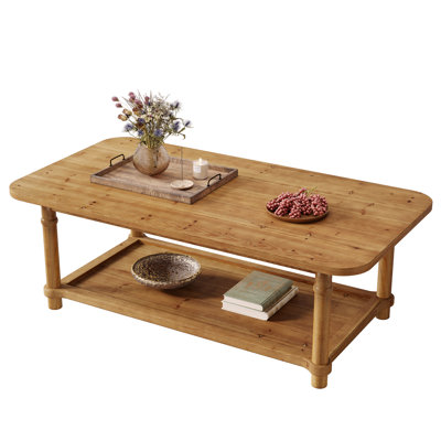 47" Solid Wood Coffee Table, Modern Farmhous Center Table with 2-Tier Storage