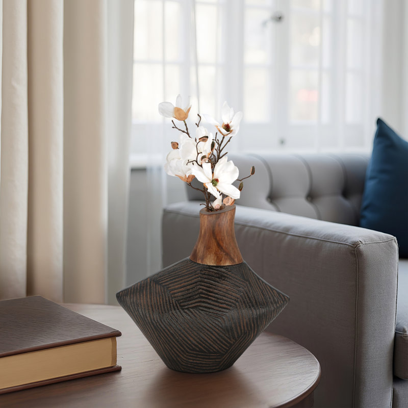 Vase Acacia Wood and Metal Geometric Carved Design with Modern Sculptural Silhouette and Textured Angular Surface for Contemporary Decorative Accents