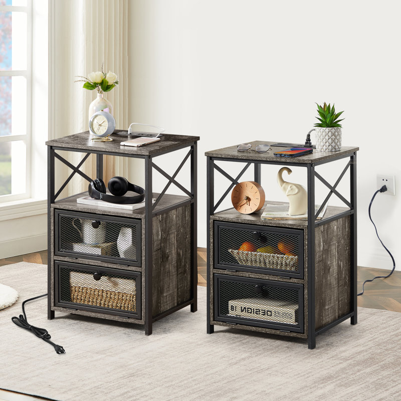 Ensemble de table de chevet avec station de charge, tables d'appoint avec tiroirs de rangement et ports USB et alimentation