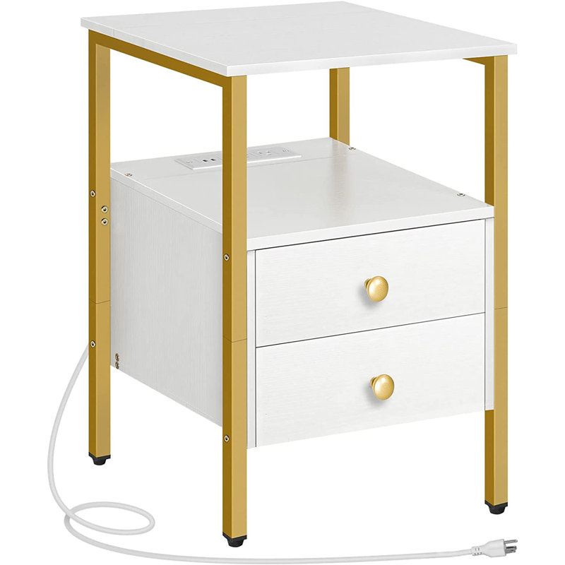 Pake 2 - Drawer 23.6" Tall Iron Nightstand with Storage and Built-In Outlets, White/Gold, Individual