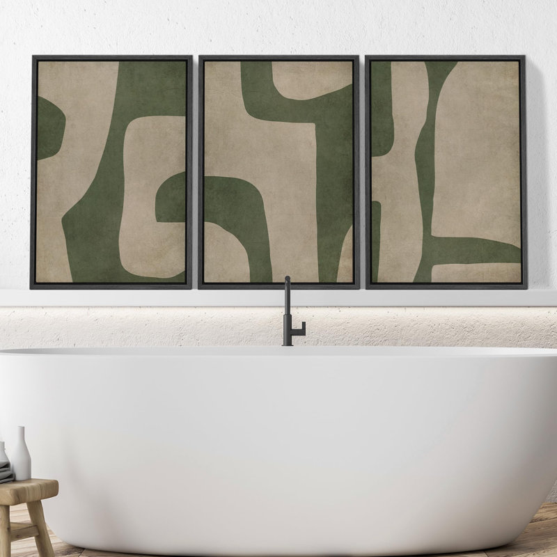 "Abstrait géométrique vert et beige, illustrations, art moderne, décor boho relax zen nordique" - 3 pièces, Noir