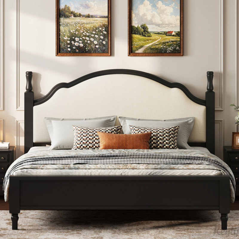 Lit plateforme en bois avec tête de lit tapissier, tissu beige, Beige + noir, Grand lit