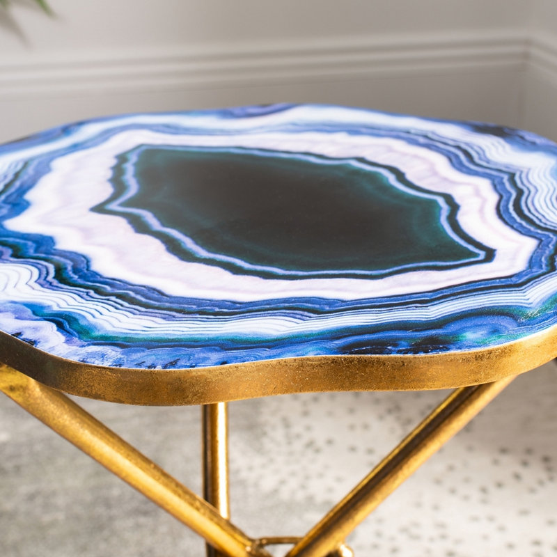 Glass Top End Table, Blue/White