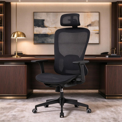 Chaise de bureau ergonomique, chaise de bureau noire tout en filet, chaise de bureau robuste à haut dossier, comprenant un appui-tête réglable, un soutien lombaire, des accoudoirs multifonctionnels et une fonction d'inclinaison de 90 ° à 125 °
