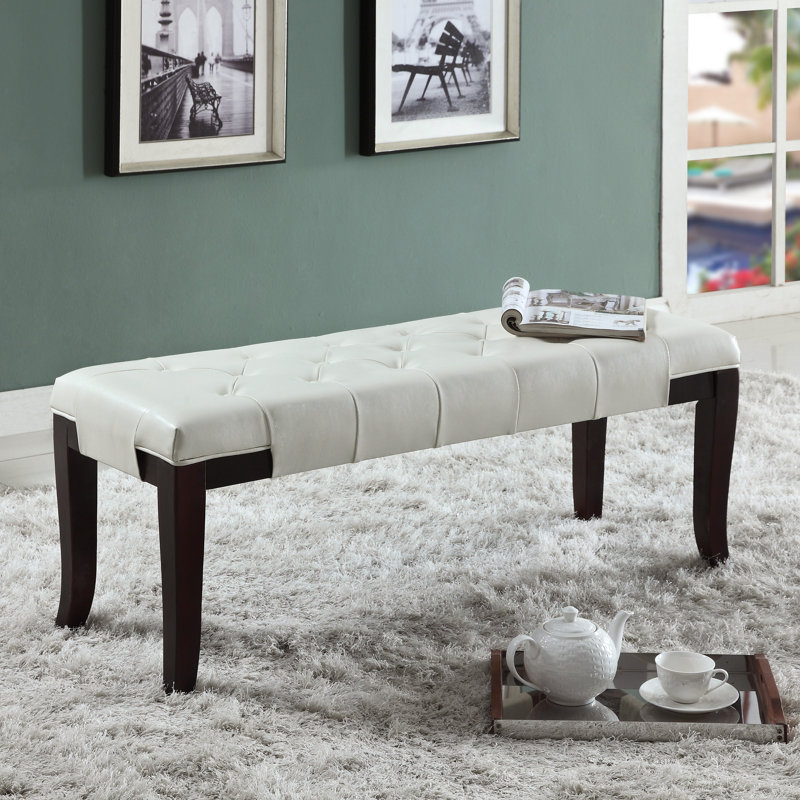 Banc rembourré en bois massif, Cuir blanc