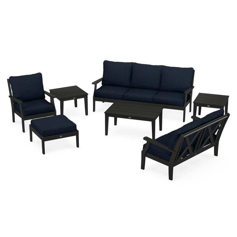 Ensemble de conversation à assise profonde 7 pièces Braxton, Noir, Indigo marin