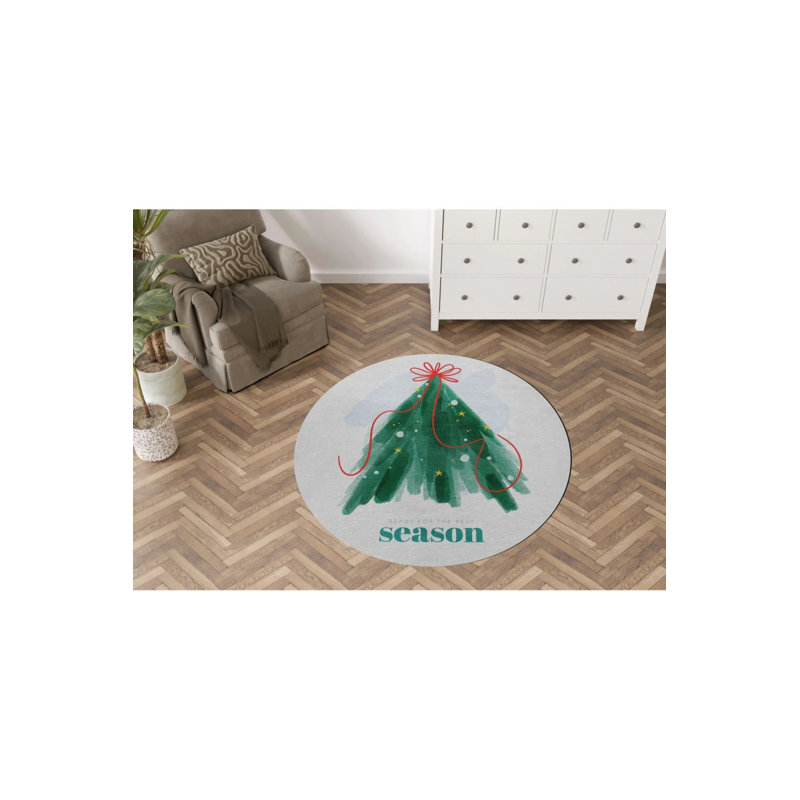 Green Beige New Year's Themed Seasonal Printed Tree Patterned Modern Woven Base Round Rug, Round 5'